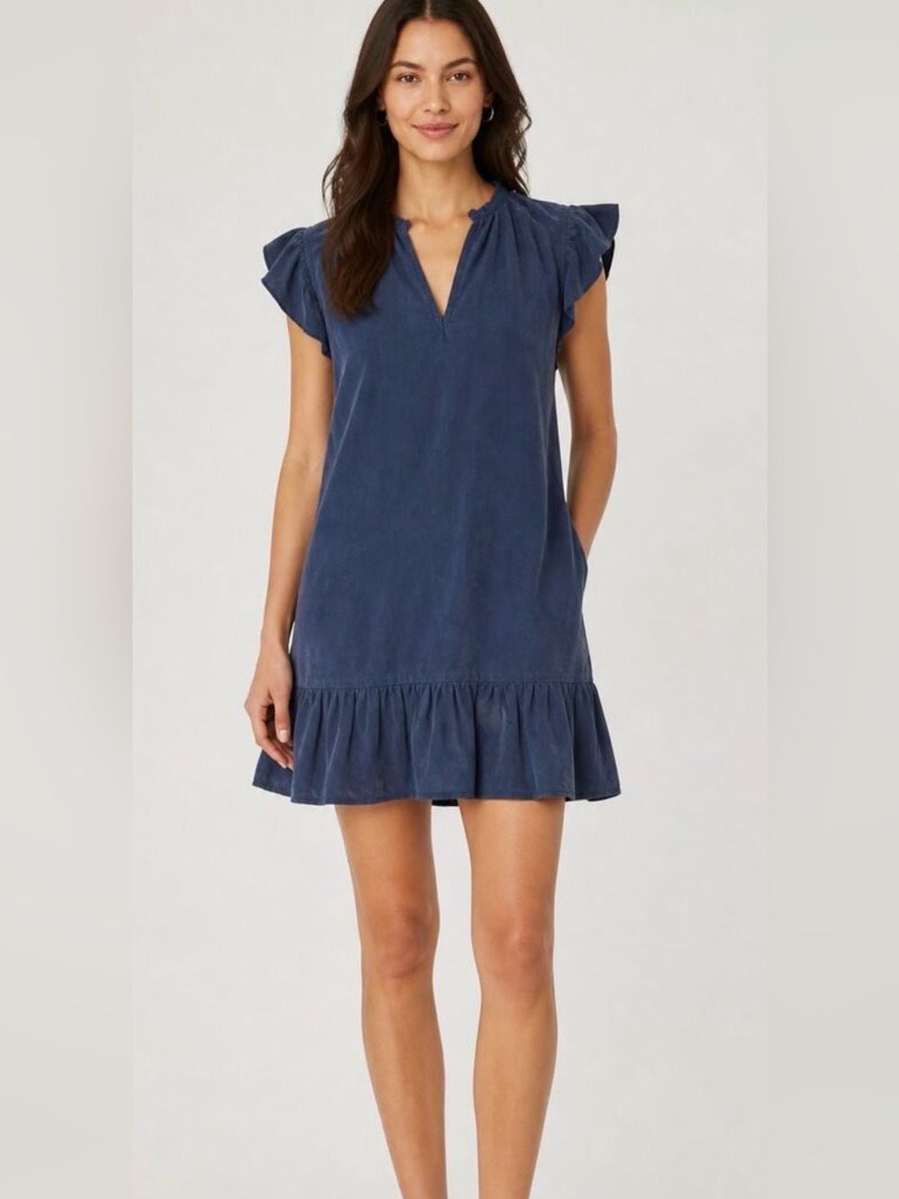 Evereve Navy Ruffle-Hem V-Neck Women's Dress